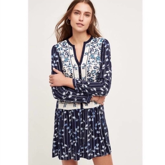 Anthropologie Dresses & Skirts - BOGO! Anthropologie Tiny Embroidered Shirt Shift Dress Floral Blue XS
